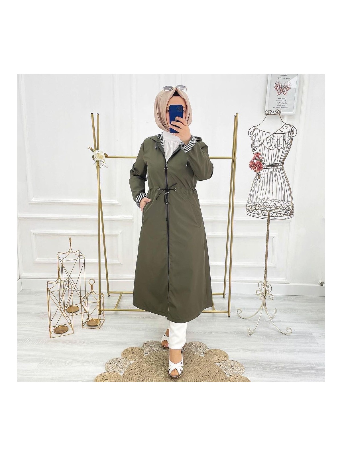 Vibeys Collection Taba Içi Çizgili ve Kendinden Astarlı Su Geçirmez Kadın Trençkot - Görsel 5