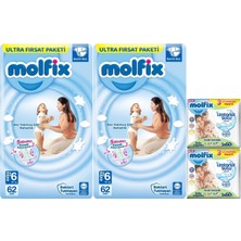 Molfix Bebek Bezi Beden:6 (15+Kg) Extra Large 124 Adet Ekonomik Ultra Fırsat Paketi + 6 Adet Islak Mendil