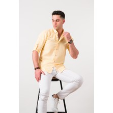 Bican Çizgili Katlamalı Kol Yaka Düğmeli Slimfit Erkek Gömlek