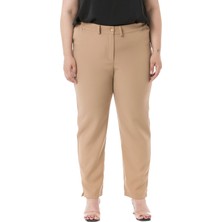 Disentis Modest Büyük Beden Beli Yanlardan Lastikli Fermuarlı Paçası Yırtmaçlı Vizon Pantolon