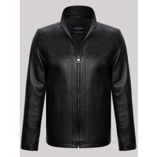 Derimont Deri Siyah Erkek Deri Mont Dik Yaka Cepli Deri Ceket