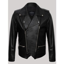 Derimont Deri Siyah Erkek Deri Mont Yandan Fermuarlı Mono Yaka Deri Ceket