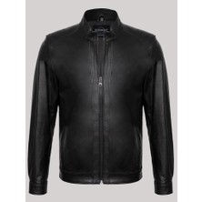 Derimont Deri Siyah Erkek Deri Mont Dik Yaka Cepli Deri Ceket