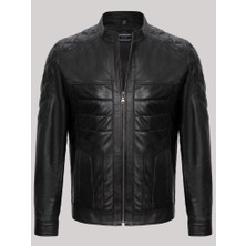 Derimont Deri Siyah Erkek Deri Mont Dik Yaka Işlemeli Deri Ceket