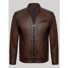 Derimont Deri Kahverengi Erkek Deri Mont Hakim Yaka Omuz Işlemeli Deri Ceket