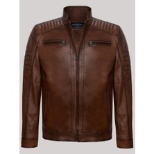 Derimont Deri Kahverengi Erkek Deri Mont Omuz Işlemeli Cep Fermuarlı Deri Ceket