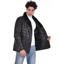 Derimont Deri Siyah Çift Cepli Yaka Düğmeli Kürklü Erkek Deri Mont, Ceket