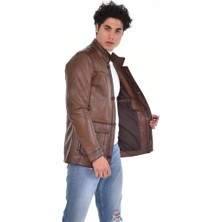 Derimont Deri Kahverengi Kapaklı Cepli Yaka Düğmeli Erkek Deri Mont, Ceket