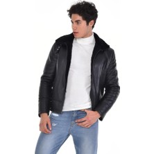 Derimont Deri Siyah Düz Çift Cepli Kürk Yakalı Erkek Deri Mont, Ceket