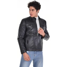 Derimont Deri Siyah Omuz Yatay Motifli Erkek Deri Mont, Ceket