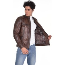 Derimont Deri Eskitme Kahverengi Yatay Fermuarlı Cepli Erkek Deri Mont, Ceket