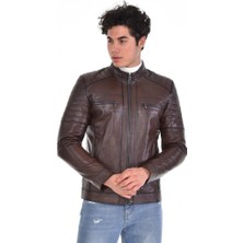 Derimont Deri Kahverengi Üst Cift Cepli Hakim Yaka Erkek Deri Mont, Ceket