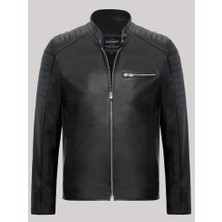 Derimont Deri Siyah Erkek Deri Mont Fermuarlı 3 Cepli Omuz Işlemeli Deri Ceket