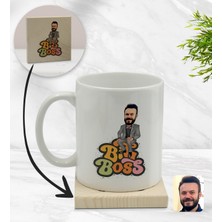 BK Kişiye Özel Erkek Big Boss Karikatürlü Beyaz Kupa Bardak ve Ahşap Bardak Altlığı Hediye Seti - Model 3