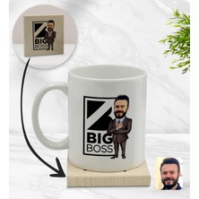 BK Kişiye Özel Erkek Big Boss Karikatürlü Beyaz Kupa Bardak ve Ahşap Bardak Altlığı Hediye Seti - Model 1