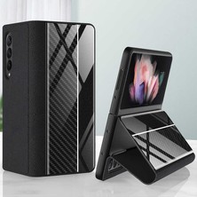 Canpay Samsung Galaxy Z Fold 3 Uyumlu Ön ve Arka Kılıf Standlı 180 Derece Aç-Kapa Pu-Deri 9h Temperli Cam Ön Yüzey