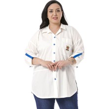 Disentis Modest Büyük Beden Katlamalı Kollu Sırt Pencere Detaylı Cebi Baskılı Poplin Beyaz Gömlek