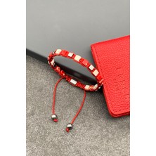 Frnch Küp Kesim Varisit Doğal Taşlı Kırmızı Renkli Ayarlanabilir Makrome Erkek Bileklik FRJ11491-1591-K2