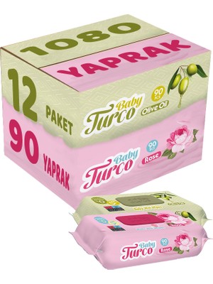 Baby Turco Islak Havlu Mendil 90 Yaprak Karma 12 Li Set (Gül/zeytinyağı) 1080 Yaprak Plastik Kapaklı