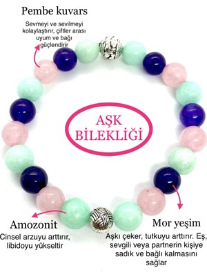 Hediye Kutusu Unisex Doğaltaş Aşk Bilekliği (Mor Yeşim Pembe Kuvars Amazonit Doğaltaş)