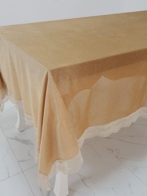 Finezza Pera Lüx  Dantelli Kadife Kumaş Vizon Masa Örtüsü  Dikdörtgen 160x220 cm - 1011