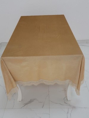 Finezza Pera Lüx  Dantelli Kadife Kumaş Vizon Masa Örtüsü  Dikdörtgen 160x220 cm - 1011