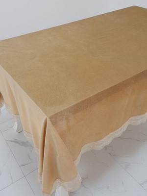 Finezza Pera Lüx  Dantelli Kadife Kumaş Vizon Masa Örtüsü  Dikdörtgen 160x220 cm - 1011