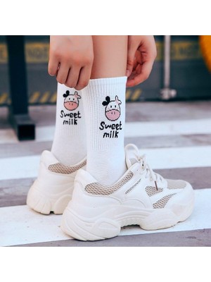 Bgk Kadın 5 Çift Siyah + Beyaz Inek Desenli Çizgili Tenis Çorabı