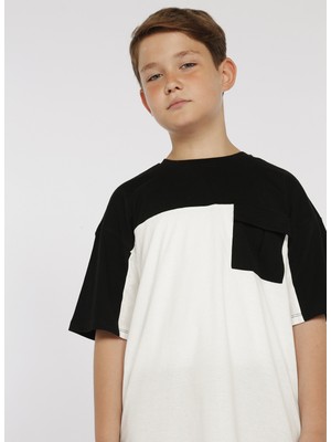 Limon Block Boy Siyah Bisiklet Yaka Oversize Erkek Çocuk Desenli T-Shirt