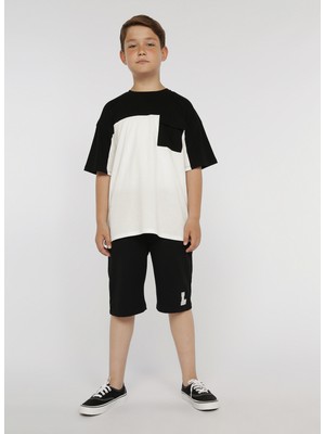 Limon Block Boy Siyah Bisiklet Yaka Oversize Erkek Çocuk Desenli T-Shirt