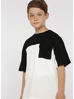 Limon Block Boy Siyah Bisiklet Yaka Oversize Erkek Çocuk Desenli T-Shirt