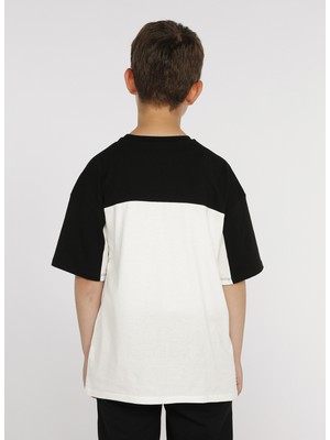 Limon Block Boy Siyah Bisiklet Yaka Oversize Erkek Çocuk Desenli T-Shirt