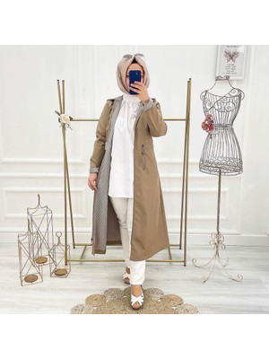 Vibeys Collection Bej Içi Çizgili ve Kendinden Astarlı Su Geçirmez Kadın Trençkot