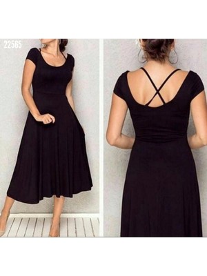 Rengamoda Sırtı Çapraz Detay Elbise (Siyah)