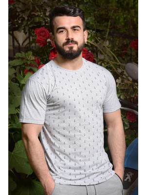 Azıcık Akıllı Erkek Gri Slim Fit Çapa Baskılı Kısa Kollu Bisiklet Yaka Tişört 20ETSHCAPA