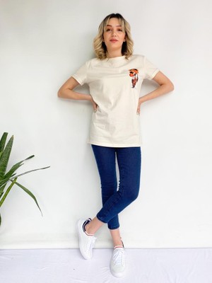 Key Moda Kadın Ayıcık Baskılı Basic Tshirt Ekru