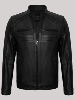 Derimont Deri Siyah Erkek Deri Mont Dik Yaka Leon Deri Ceket