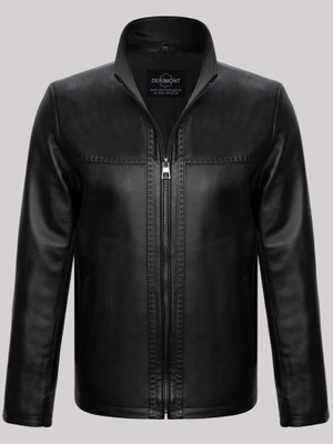 Derimont Deri Siyah Erkek Deri Mont Dik Yaka Cepli Deri Ceket