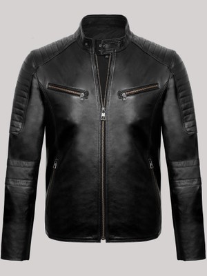 Derimont Deri Siyah Erkek Hakim Yaka Omuz Işlemeli Deri Ceket