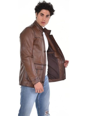 Derimont Deri Kahverengi Kapaklı Cepli Yaka Düğmeli Erkek Deri Mont, Ceket