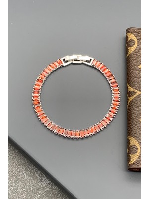 Frnch 3A Kalite Baget Zirkon Taşlı Çift Kilitli Kahverengi Renkli Tennis Erkek Bileklik FRJ11496-1596-K