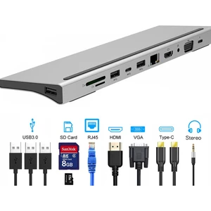 MST14-U 14in1 Type-C To 4*usb 3.0 4K Hdmı RJ45 Ethernet Kart Okuyucu Aux Pd Hub Çevirici Adaptör
