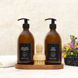 Oval Standlı Fırçalı Siyah Etiketli Bulaşık Deterjanı Sıvı Sabun Amber Şişe Seti 500 ml