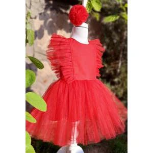 Shecco Babba Kız Çocuk Tül Detaylı Kırmızı Tütü Elbise Bandana Takım