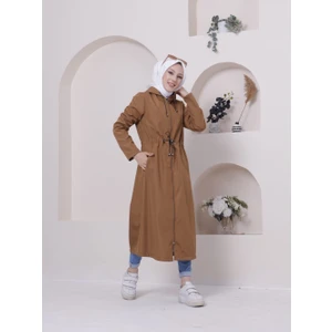 Vibeys Collection Taba Içi Çizgili ve Kendinden Astarlı Su Geçirmez Kadın Trençkot
