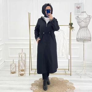 Vibeys Collection Siyah Içi Çizgili ve Kendinden Astarlı Su Geçirmez Kadın Trençkot