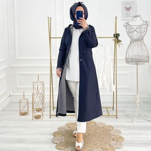Vibeys Collection Lacivert Içi Çizgili ve Kendinden Astarlı Su Geçirmez Kadın Trençkot