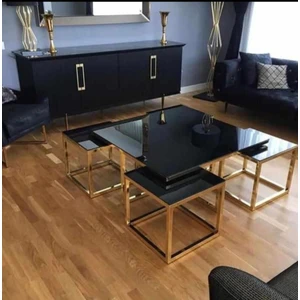 Home Bella Benedetto Concept Kare Gold Pizza Siyah Kırılmaz Cam Orta Sehpa ve 4'lü Zigon Takım