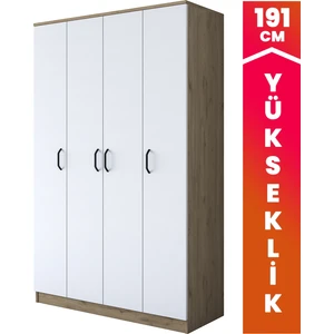 BA116 Geniş Gardırop Elbise Dolabı 4 Kapaklı 14 Raflı 2 Askılı Sepet Ceviz - Beyaz