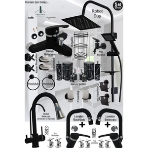 Mutfak Lavabo Banyo Bataryası Musluk Armatür Batarya Siyah Banyo Duş Seti Robot Duş Aksesuarlı Set